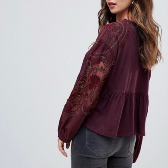 FREE PEOPLE PENNY TEE EMBROIDERED LONG SLEEVE TOP - Picture 1 of 6